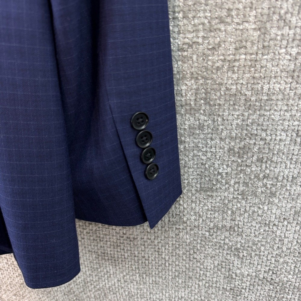 TALLIA Mens 46L Navy Blue Grid Pattern Blazer Poly Blend Stretch Jacket 2 Button - Picture 4 of 14